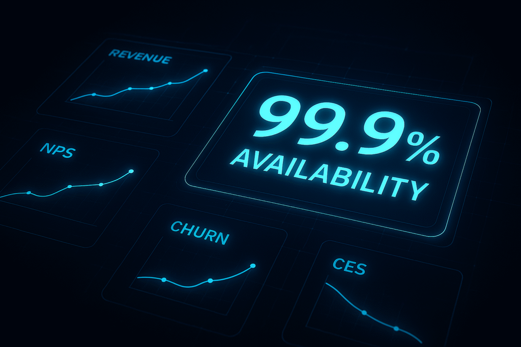Uptime as the key service KPI that matters to customers, highlighting whether equipment is running when needed rather than internal metrics like response time or first-time fix rate