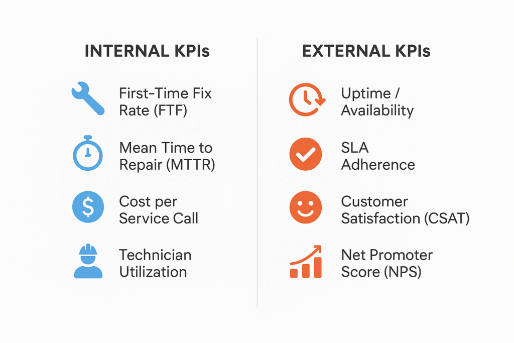 Internal service KPIs like FTF, MTTR, cost per service call, and utilization compared to external KPIs such as uptime, SLA adherence, CSAT, and NPS.