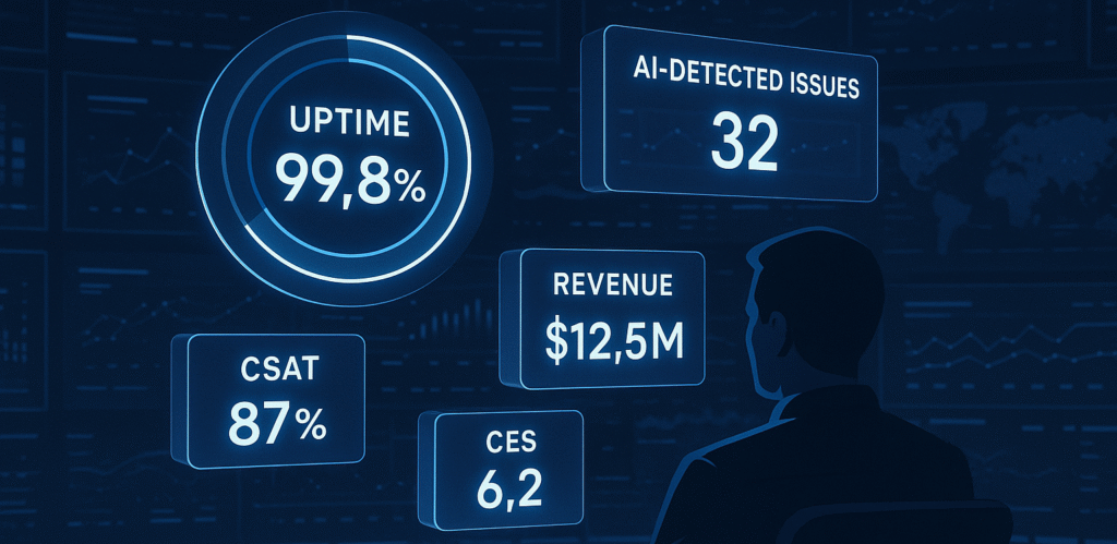 Future service organization in 2030 powered by AI, smart products, and customer value, illustrating the shift from break-fix support to outcome-driven service models.