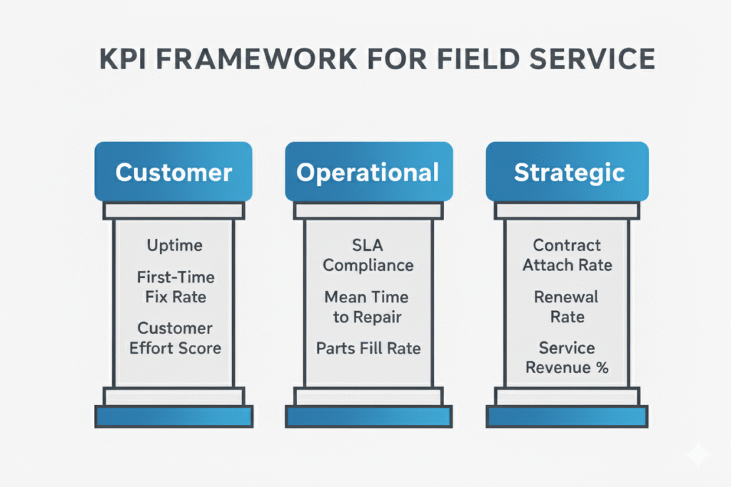 Diagram showing the three dimensions of field service KPIs: customer-focused metrics like uptime and first-time fix rate, operational KPIs such as SLA compliance and MTTR, and strategic business metrics including contract renewals and service margin.