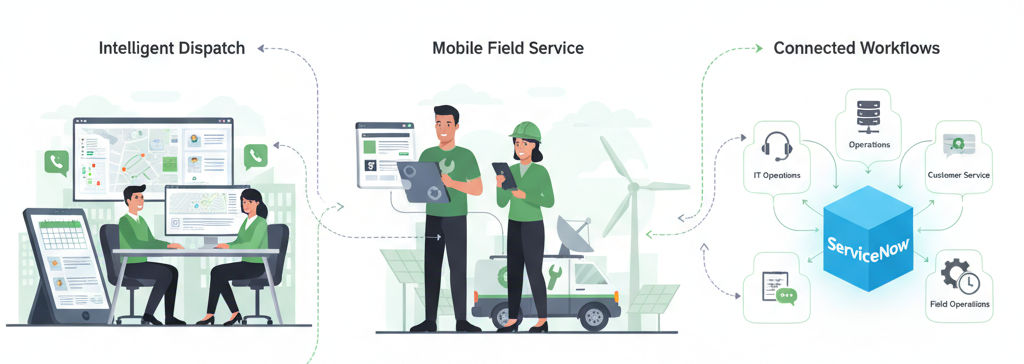 ServiceNow Field Service Management platform overview highlighting its enterprise capabilities, workflow automation strengths, and steep learning curve for service organizations.