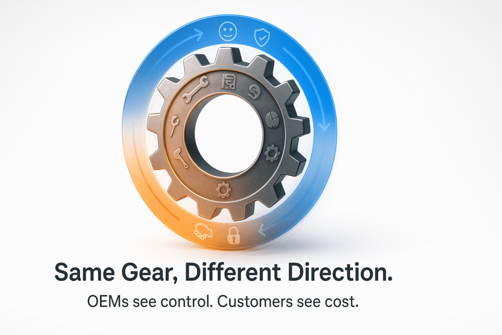 Industrial and Automotive after-sales service contrast between genuine customer care and revenue-driven upselling, highlighting the growing gap between service and serving in the modern dealership experience.