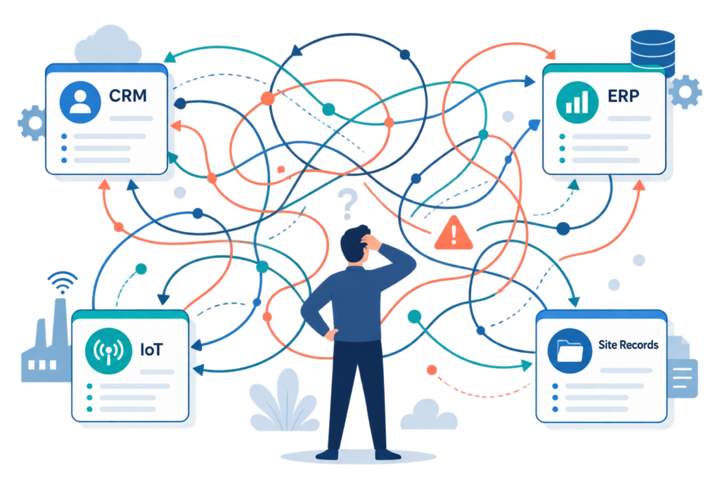 Diagram showing overlapping, conflicting data sync paths between CRM, ERP, IoT, and site records