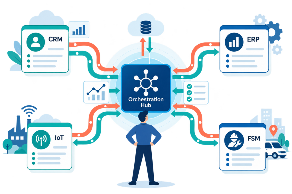 Diagram showing CRM, ERP, IoT, and FSM systems connected through a central orchestration layer