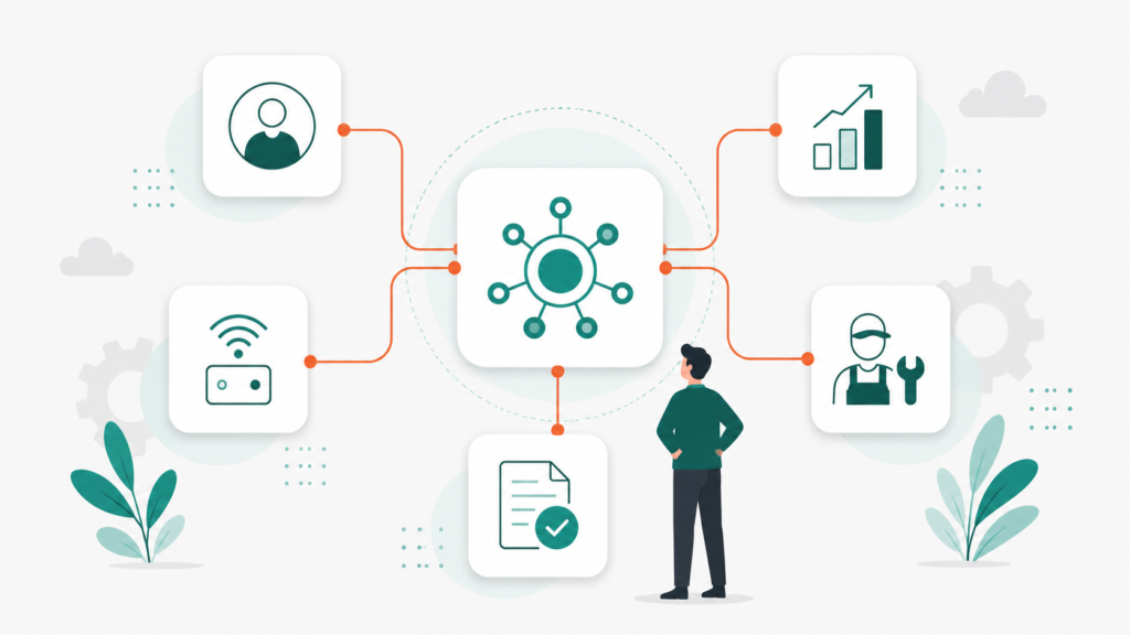 Platform-of-platforms architecture for service organizations, showing how CRM, ERP, field service software, IoT platforms, and CPQ systems connect to unify data, workflows, and quote-to-cash processes.