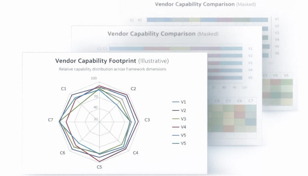 Illustrative vendor capability framework shown through a masked radar chart with comparative performance views