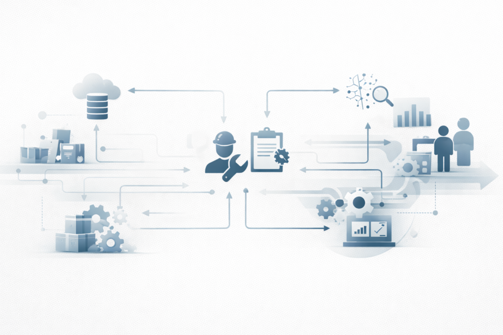 System view of aftersales and field service operations showing interactions between workforce, technology, data, and supply.