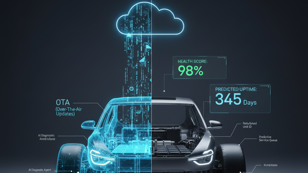 Software-defined vehicle with digital health, uptime, and performance indicators showing continuous value creation through OTA updates