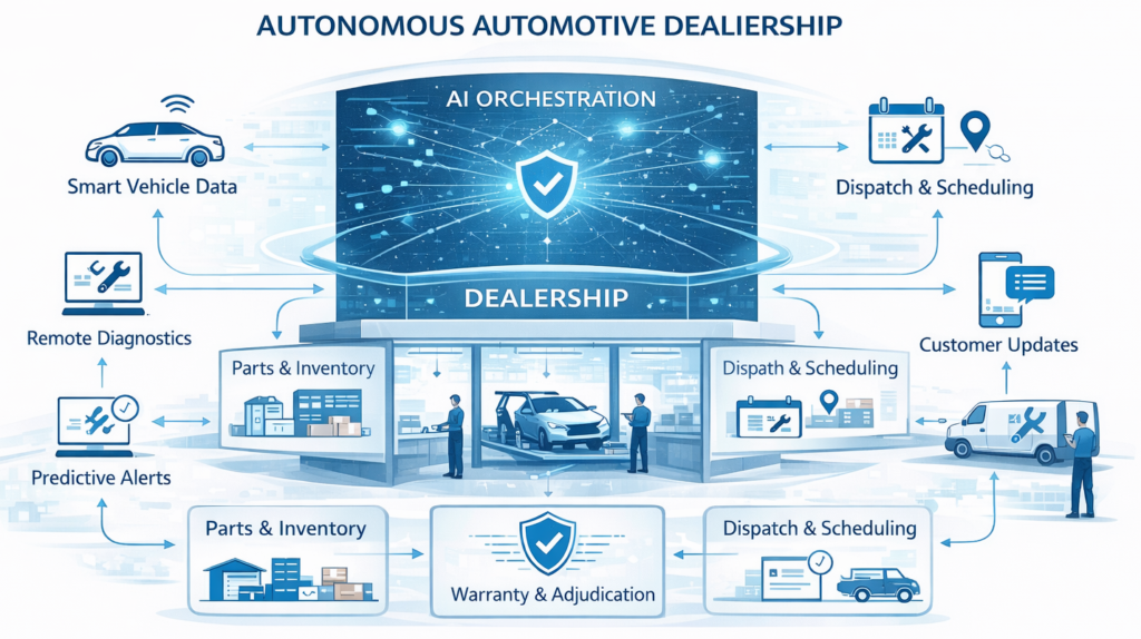 Autonomous automotive service organization showing AI orchestration coordinating dealership operations, warranty, parts, dispatch, and customer updates