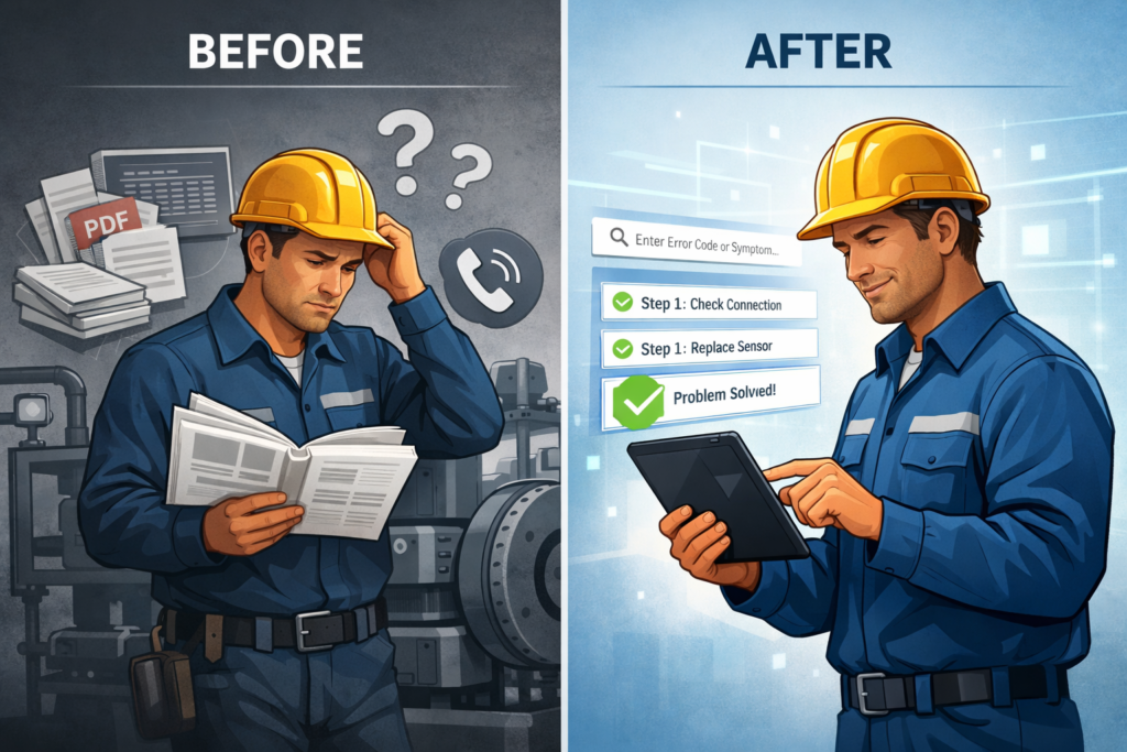 Before and after comparison of a field service technician showing manual-based troubleshooting versus cognitive digital self-service improving first-time fix rate and uptime