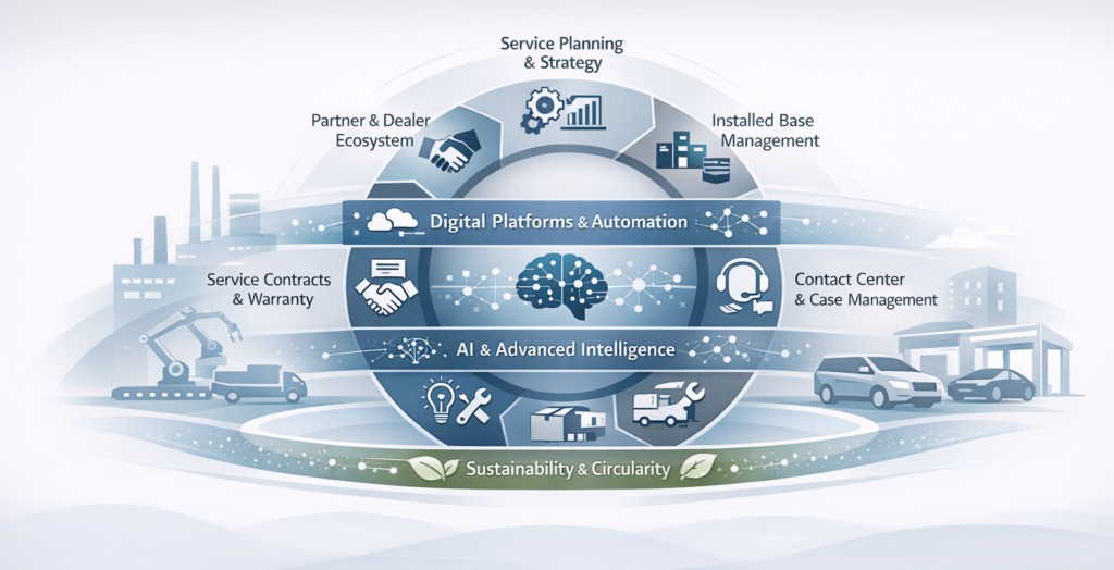 Manufacturing and automotive after-sales service ecosystem covering planning, execution, contracts, partners, and digital enablement