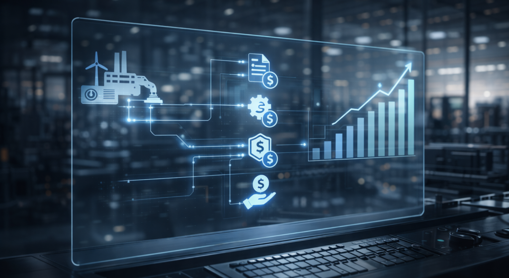 Digital industrial control panel connecting installed base assets to revenue levers and growth dashboard.