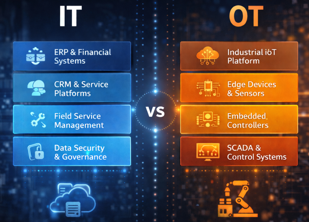IT vs OT architecture diagram showing enterprise systems and operational technology in manufacturing