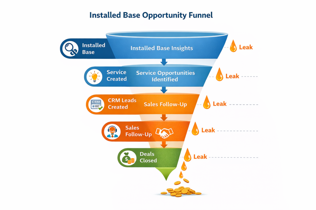 Installed base opportunity funnel showing how service insights become CRM leads and revenue