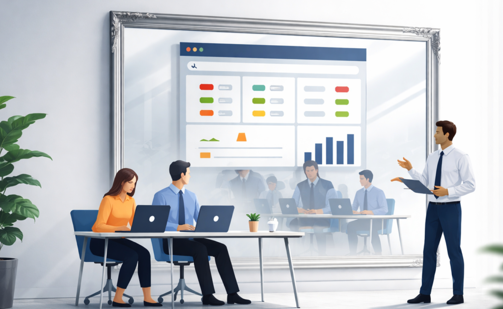 team working while mirror reflects executive dashboard showing project status indicators