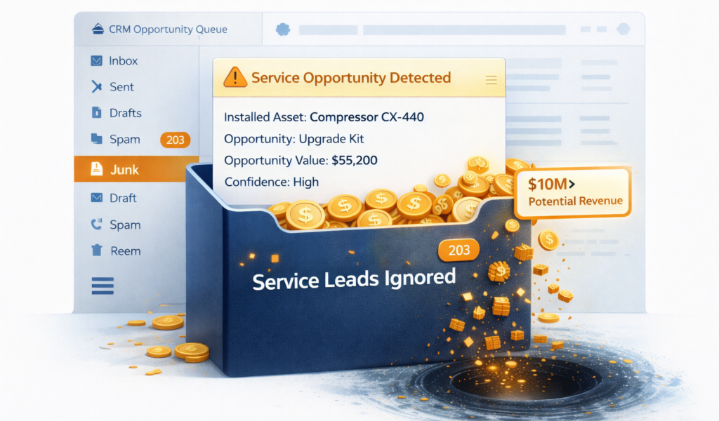 CRM junk folder showing ignored installed base service leads worth $10M in lost service revenue