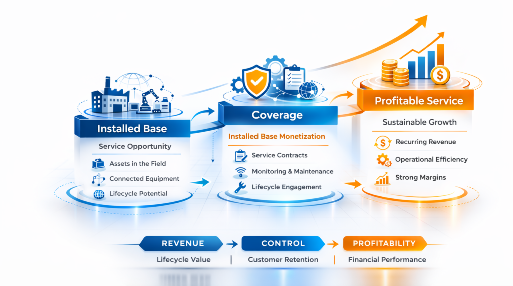 Framework showing how manufacturers convert installed base into profitable service through coverage and lifecycle engagement leading to higher service margins
