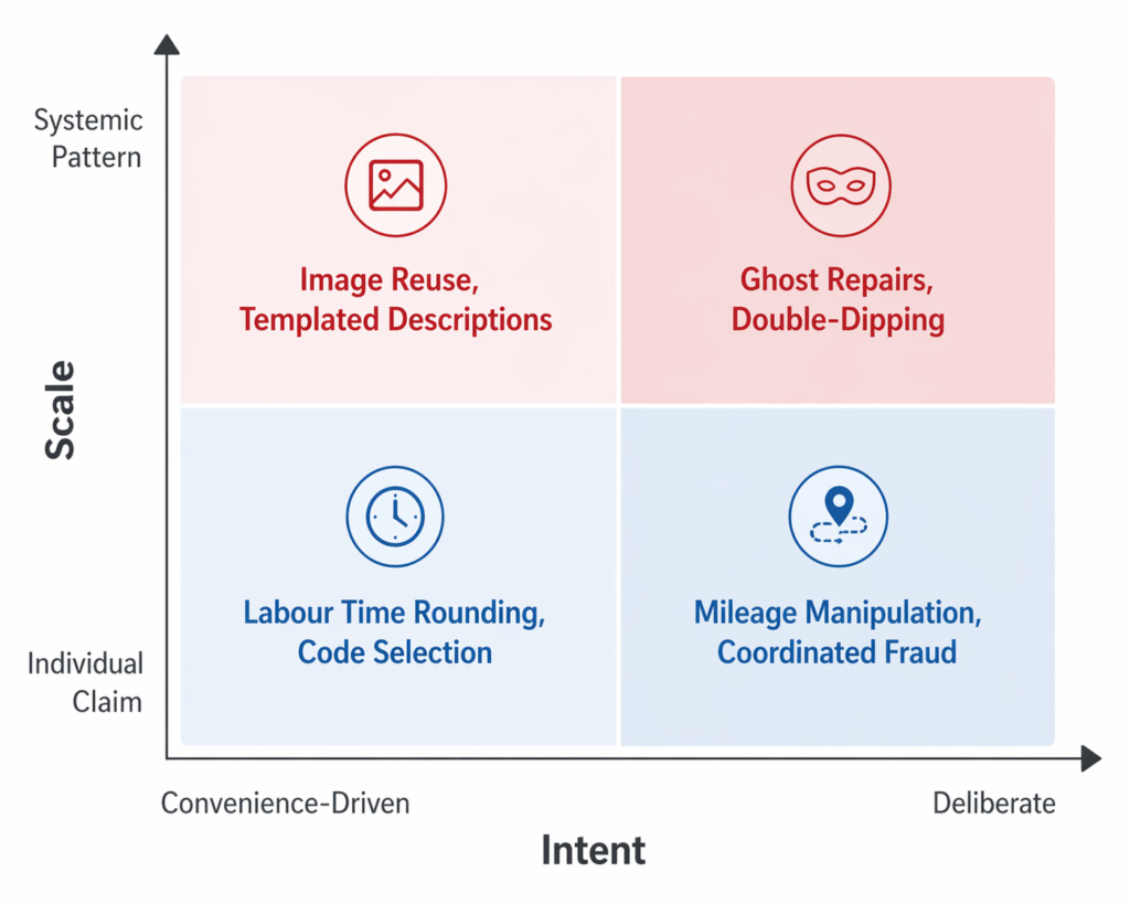 A 2x2 matrix mapping dealer warranty claim abuse patterns by intent (convenience-driven versus deliberate) and scale, individual claim versus systemic pattern with examples in each quadrant