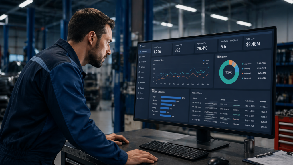 A service technician reviewing a warranty claims dashboard on a monitor in a manufacturing dealership environment
