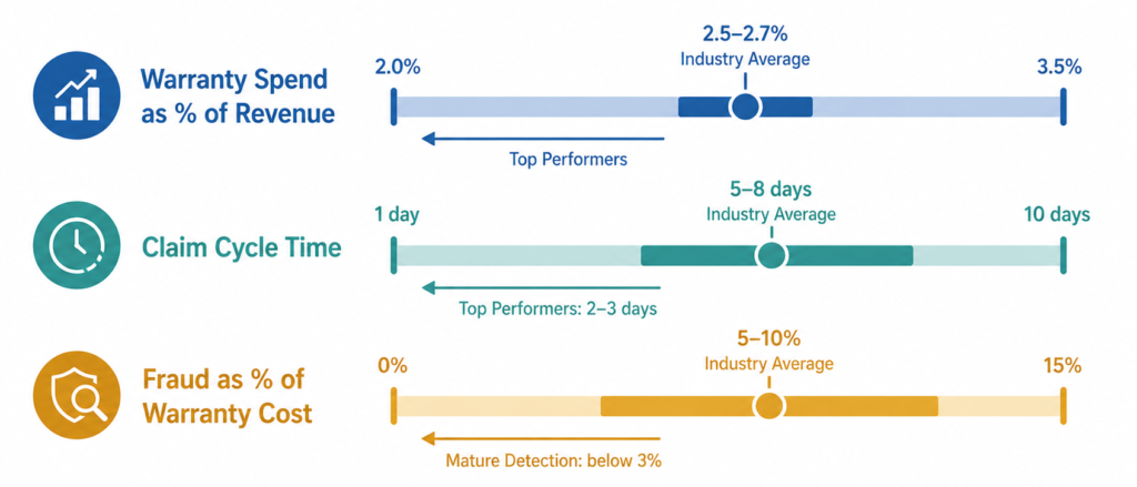 Three horizontal range bar charts showing warranty management benchmarks — warranty spend as percentage of revenue, claim cycle time in days, and fraud as percentage of warranty cost — with industry average and top performer markers
