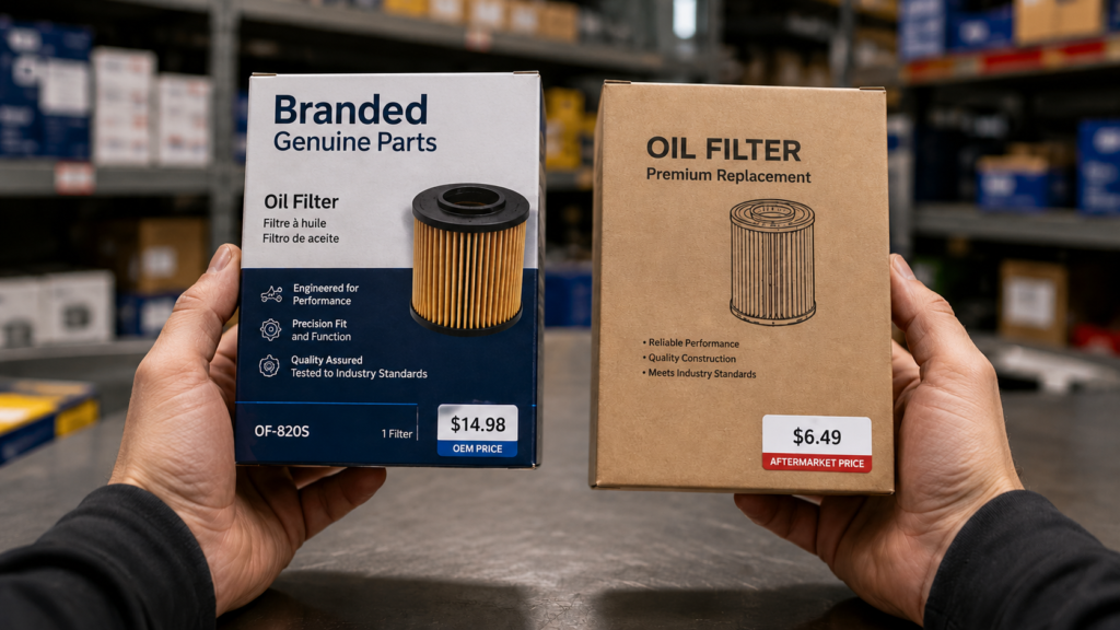 A pair of hands holding two parts packages side by side, an OEM branded box on the left and a plain independent aftermarket equivalent on the right — in a blurred automotive workshop environment