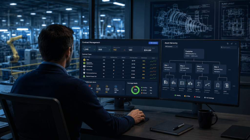 A service operations manager reviewing a contract management dashboard and asset hierarchy on dual monitors in an industrial office environment