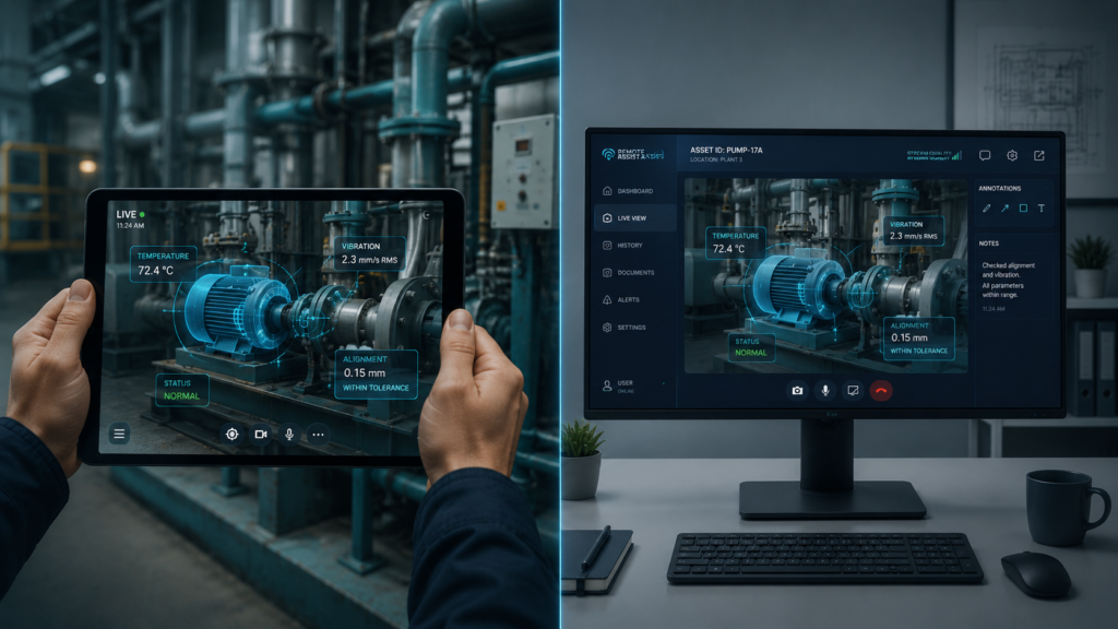 AR Remote Assistance in Field Service Augmented reality remote assistance enabling a field technician to connect with a senior OEM expert