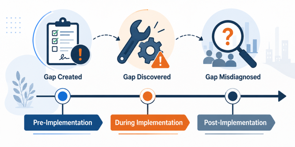 FSM Capability Gap Lifecycle Timeline infographic showing how FSM capability gaps are created during platform selection, discovered during implementation, and misdiagnosed after go-live.