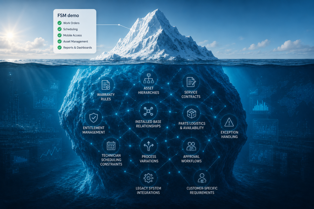 Iceberg illustration showing the gap between a field service management software demo and the hidden operational complexity of real-world service processes including asset hierarchies, warranty rules, parts logistics, and system integrations.