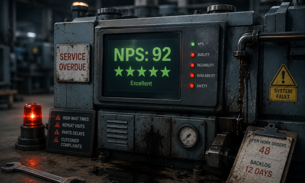 Industrial machine displaying a high NPS score while showing multiple unresolved service issues, illustrating Goodhart's Law and the dangers of optimizing customer satisfaction metrics over service quality.