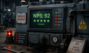 Industrial machine displaying a high NPS score while showing multiple unresolved service issues, illustrating Goodhart's Law and the dangers of optimizing customer satisfaction metrics over service quality.