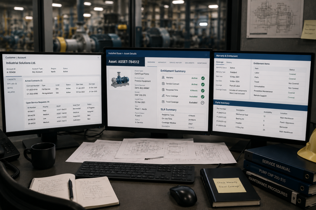 Industrial field service workstation displaying customer contracts, installed base, warranty entitlements, and parts inventory across multiple enterprise systems.