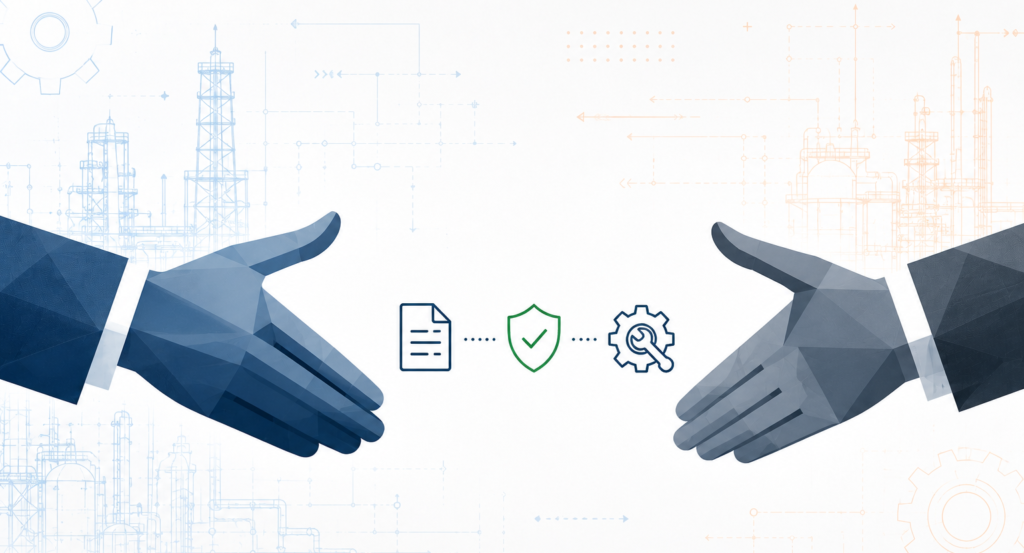 Two hands reaching toward each other with a gap between them, representing the disconnected handoff between project and service teams in manufacturing