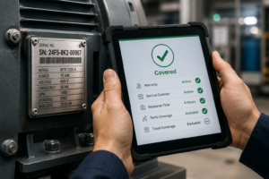 Technician verifying service entitlement and warranty coverage for an industrial asset using a rugged tablet displaying contract, SLA, and parts coverage information.