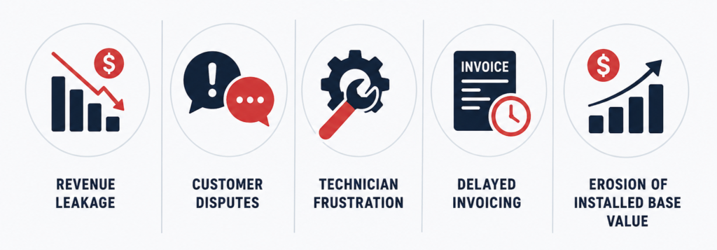 Infographic showing the business impact of poor service entitlement management, including revenue leakage, customer disputes, technician frustration, delayed invoicing, and erosion of installed base value.