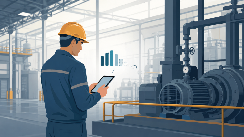 Field technician checking a tablet with fading signal strength near industrial equipment, illustrating Agentforce Field Service's offline gap