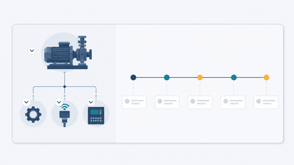 Agentforce-field-service-asset-hierarchy-timeline Asset hierarchy tree and service timeline view illustrating Agentforce Field Service's native asset intelligence features