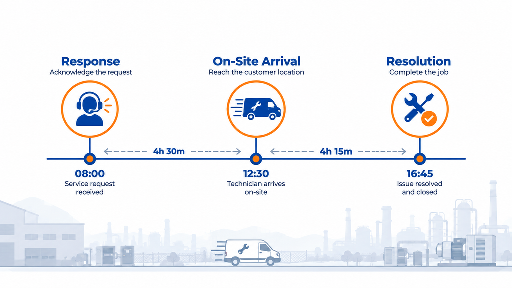 Diagram showing response, on-site arrival, and resolution as three separate points on a field service job timeline